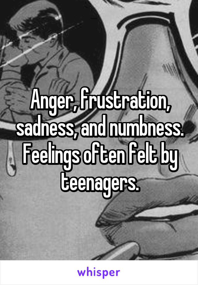 Anger, frustration, sadness, and numbness.
Feelings often felt by teenagers.