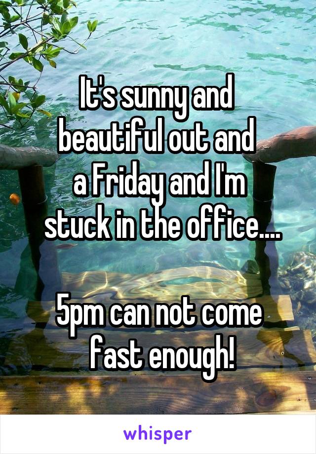 It's sunny and 
beautiful out and 
a Friday and I'm
 stuck in the office....

5pm can not come
 fast enough!