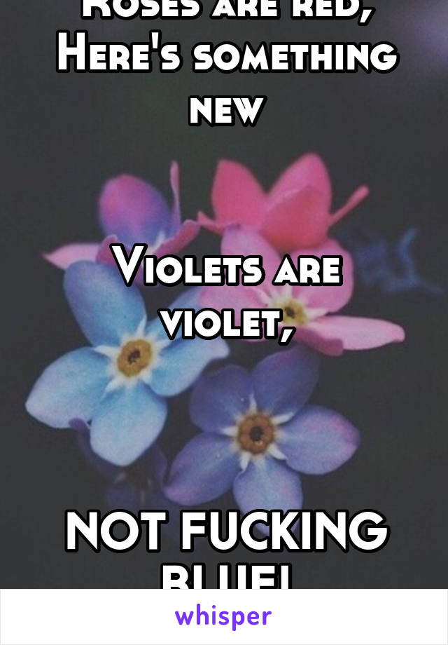 Roses are red,
Here's something new


Violets are violet,



NOT FUCKING BLUE!
