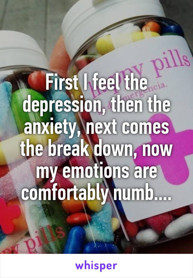 First I feel the depression, then the anxiety, next comes the break down, now my emotions are comfortably numb....