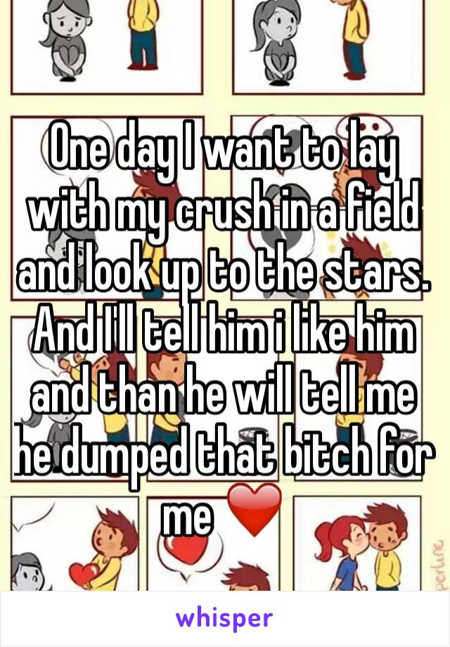 One day I want to lay with my crush in a field and look up to the stars. And I'll tell him i like him and than he will tell me he dumped that bitch for me ❤️