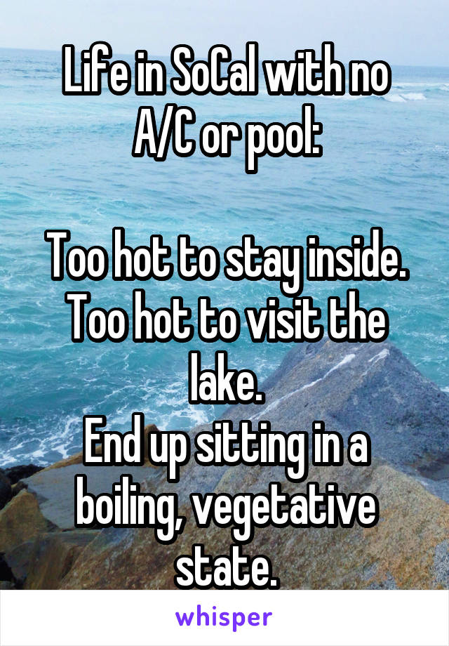 Life in SoCal with no A/C or pool:

Too hot to stay inside.
Too hot to visit the lake.
End up sitting in a boiling, vegetative state.