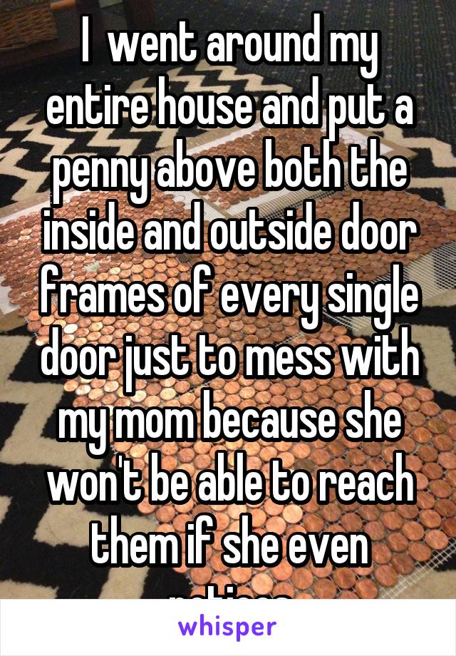 I  went around my entire house and put a penny above both the inside and outside door frames of every single door just to mess with my mom because she won't be able to reach them if she even notices