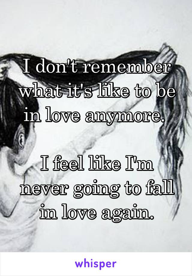 I don't remember what it's like to be in love anymore. 

I feel like I'm never going to fall in love again.