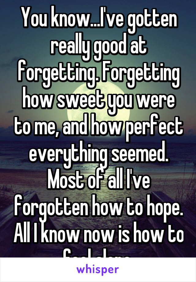 You know...I've gotten really good at forgetting. Forgetting how sweet you were to me, and how perfect everything seemed. Most of all I've forgotten how to hope. All I know now is how to feel alone.