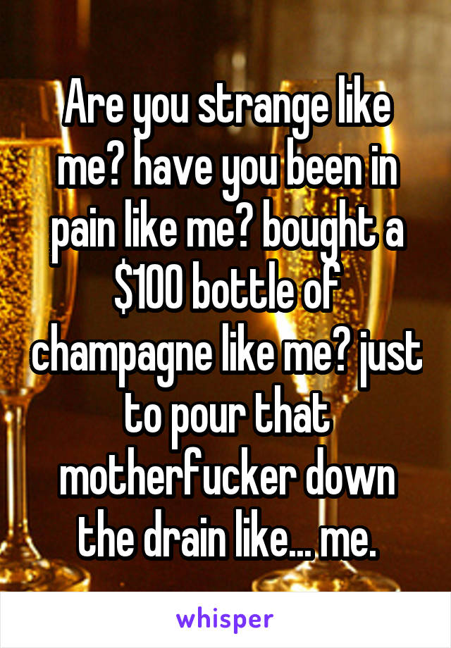 Are you strange like me? have you been in pain like me? bought a $100 bottle of champagne like me? just to pour that motherfucker down the drain like... me.