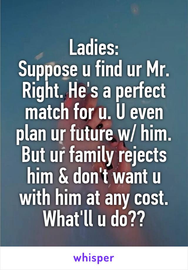 Ladies:
Suppose u find ur Mr. Right. He's a perfect match for u. U even plan ur future w/ him. But ur family rejects him & don't want u with him at any cost. What'll u do??