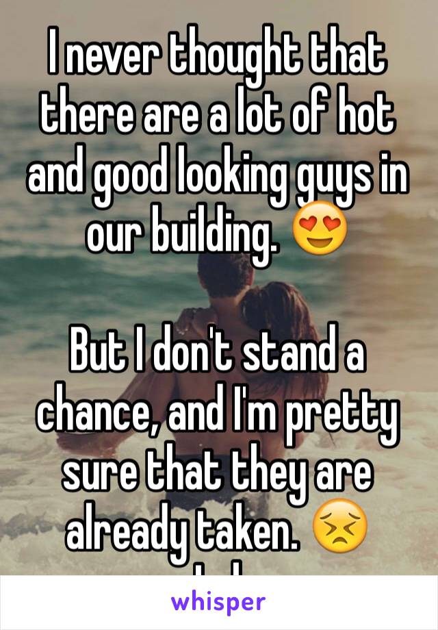 I never thought that there are a lot of hot and good looking guys in our building. 😍 

But I don't stand a chance, and I'm pretty sure that they are already taken. 😣 
Lol