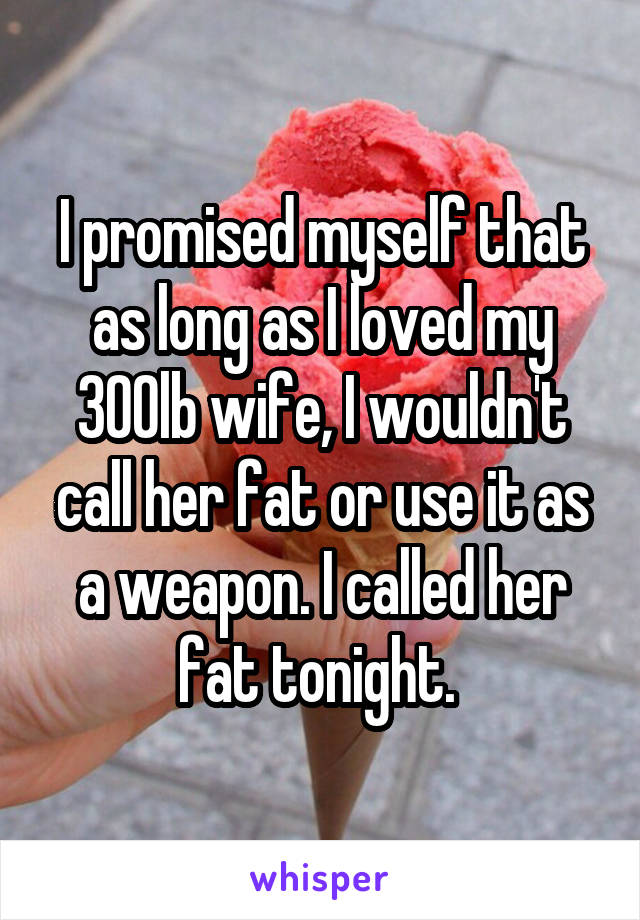I promised myself that as long as I loved my 300lb wife, I wouldn't call her fat or use it as a weapon. I called her fat tonight. 
