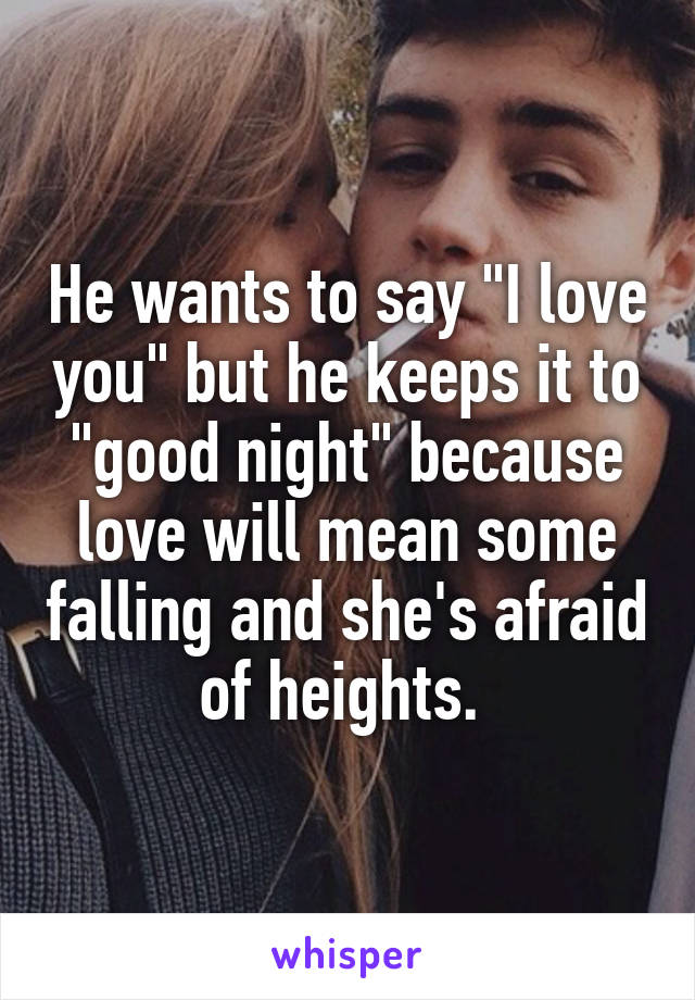 He wants to say "I love you" but he keeps it to "good night" because love will mean some falling and she's afraid of heights. 