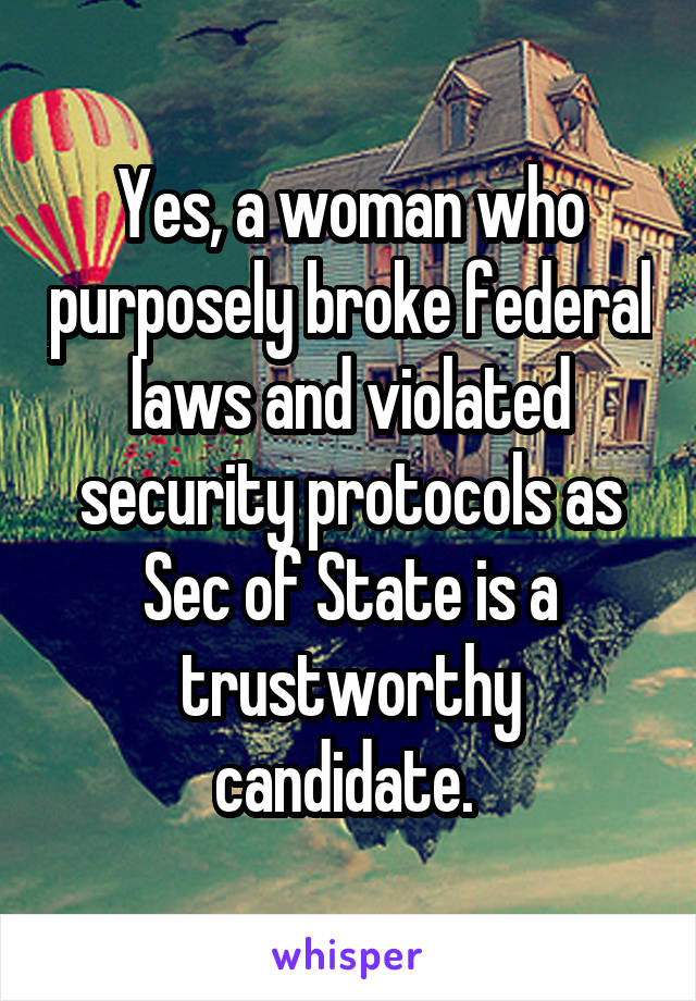 Yes, a woman who purposely broke federal laws and violated security protocols as Sec of State is a trustworthy candidate. 