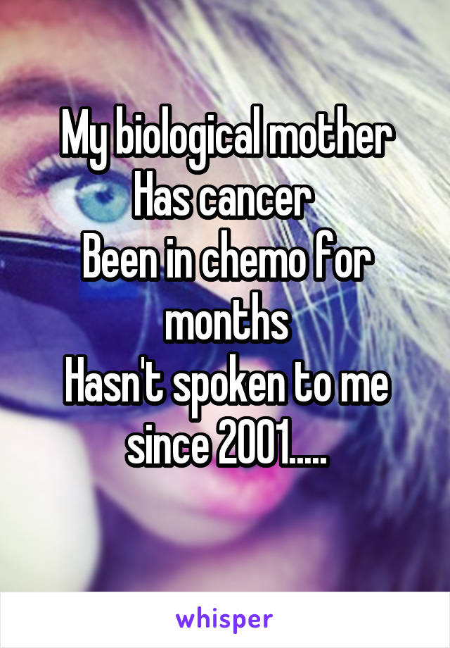 My biological mother
Has cancer 
Been in chemo for months
Hasn't spoken to me since 2001.....
