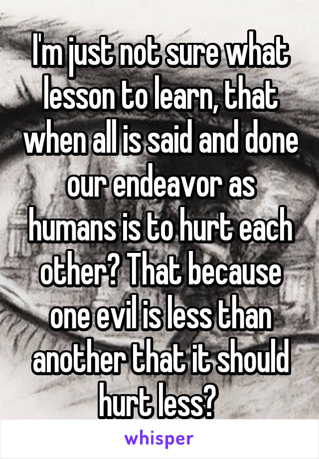 I'm just not sure what lesson to learn, that when all is said and done our endeavor as humans is to hurt each other? That because one evil is less than another that it should hurt less? 
