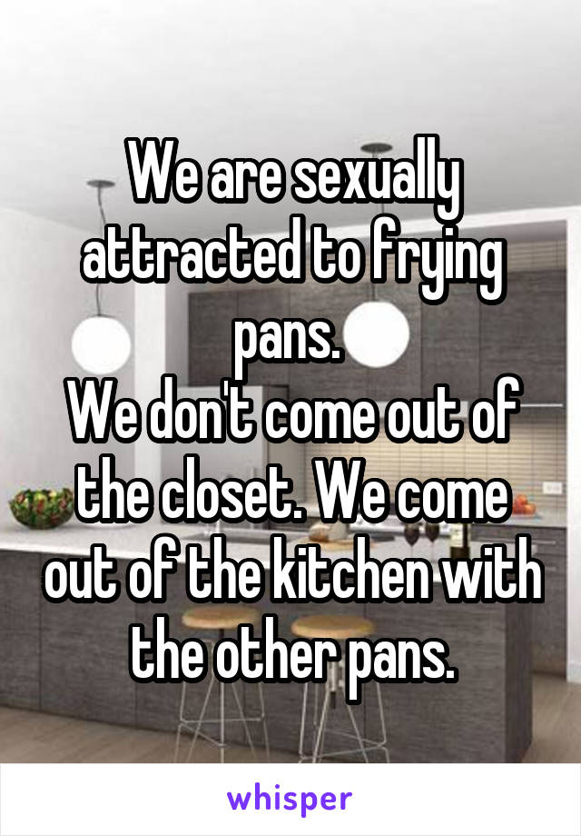 We are sexually attracted to frying pans. 
We don't come out of the closet. We come out of the kitchen with the other pans.