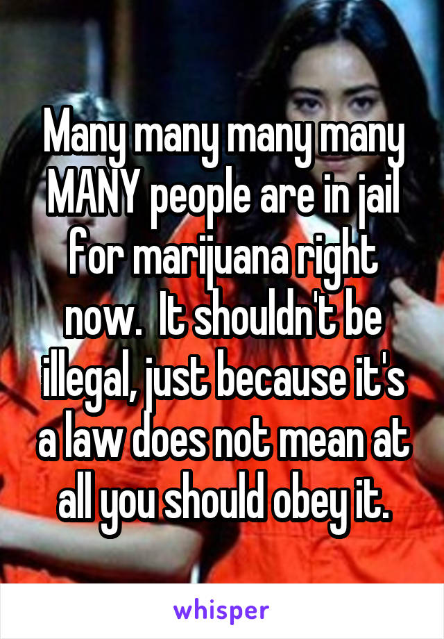 Many many many many MANY people are in jail for marijuana right now.  It shouldn't be illegal, just because it's a law does not mean at all you should obey it.