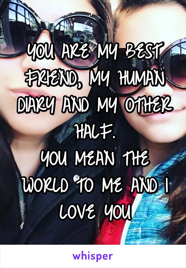 YOU ARE MY BEST FRIEND, MY HUMAN DIARY AND MY OTHER HALF.
YOU MEAN THE WORLD TO ME AND I LOVE YOU