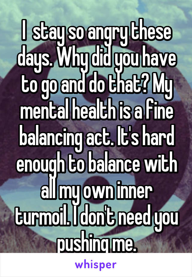 I  stay so angry these days. Why did you have to go and do that? My mental health is a fine balancing act. It's hard enough to balance with all my own inner turmoil. I don't need you pushing me.