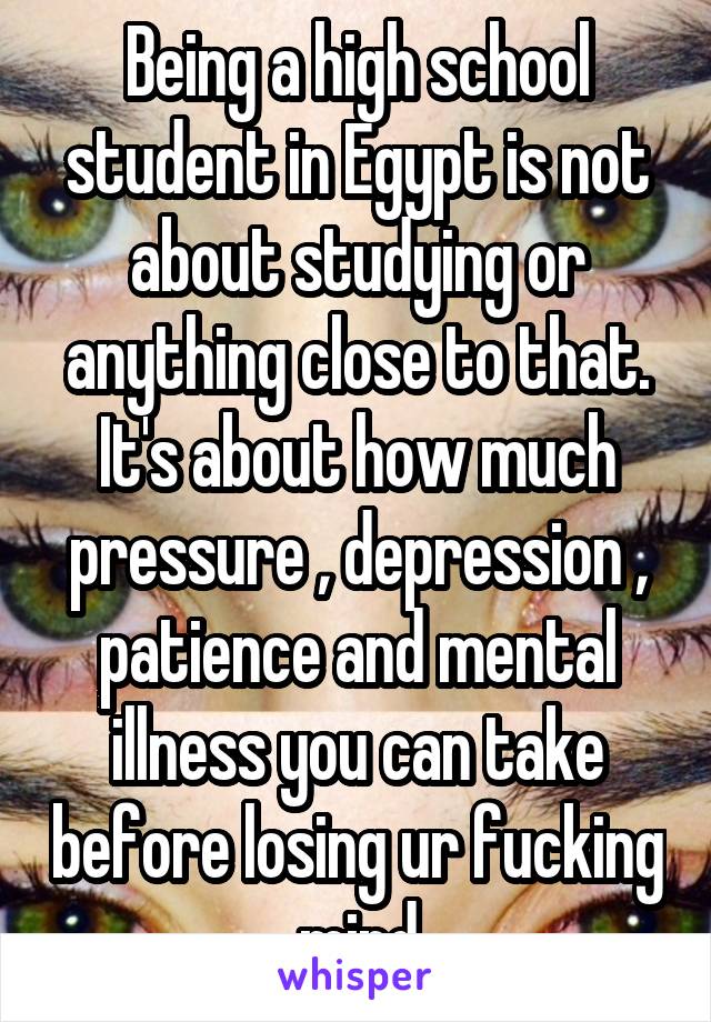 Being a high school student in Egypt is not about studying or anything close to that.
It's about how much pressure , depression , patience and mental illness you can take before losing ur fucking mind