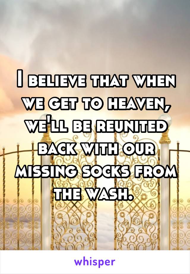 I believe that when we get to heaven, we'll be reunited back with our missing socks from the wash. 