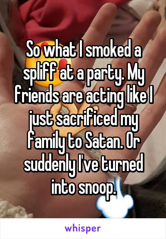 So what I smoked a spliff at a party. My friends are acting like I just sacrificed my family to Satan. Or suddenly I've turned into snoop.