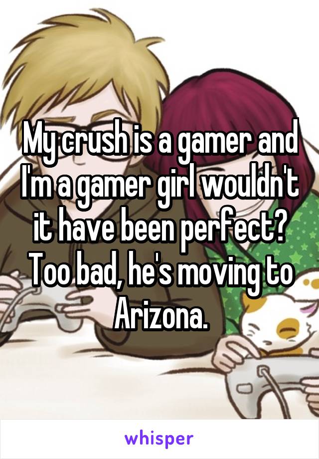 My crush is a gamer and I'm a gamer girl wouldn't it have been perfect? Too bad, he's moving to Arizona.