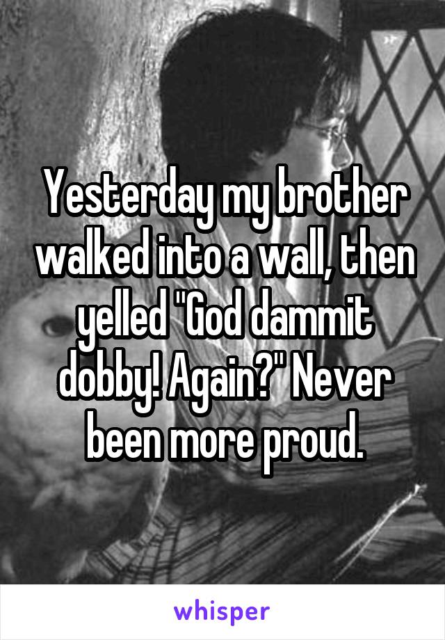 Yesterday my brother walked into a wall, then yelled "God dammit dobby! Again?" Never been more proud.