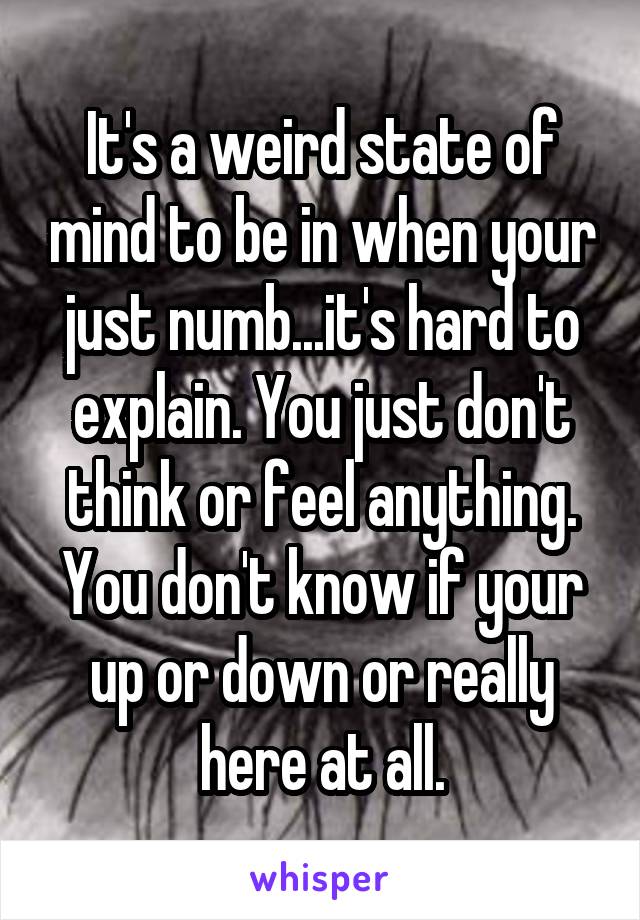 It's a weird state of mind to be in when your just numb...it's hard to explain. You just don't think or feel anything. You don't know if your up or down or really here at all.