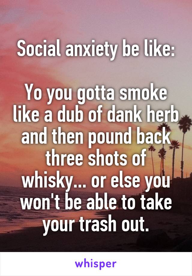 Social anxiety be like:

Yo you gotta smoke like a dub of dank herb and then pound back three shots of whisky... or else you won't be able to take your trash out.