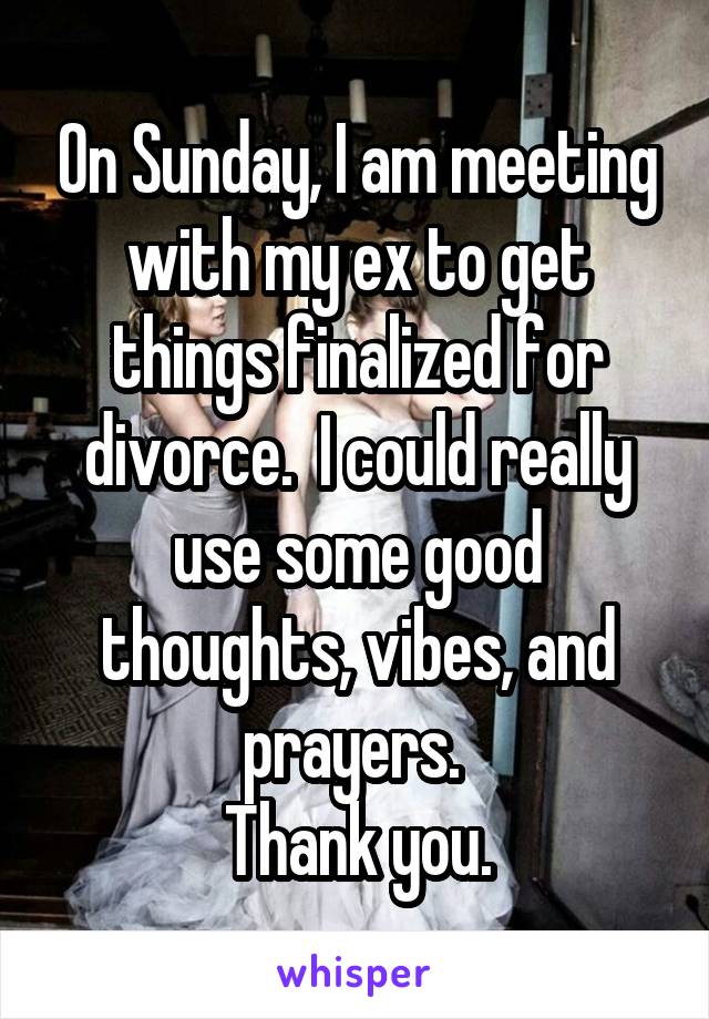 On Sunday, I am meeting with my ex to get things finalized for divorce.  I could really use some good thoughts, vibes, and prayers. 
Thank you.