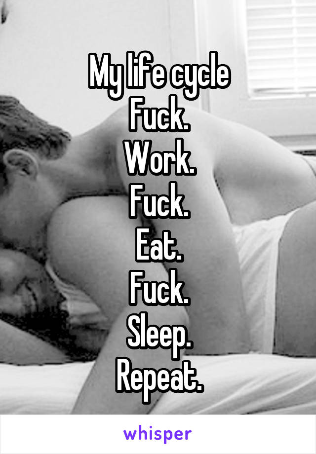 My life cycle
Fuck.
Work.
Fuck.
Eat.
Fuck.
Sleep.
Repeat.