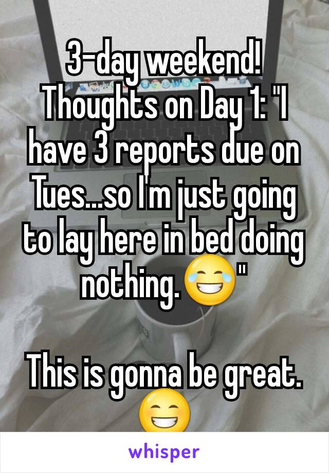 3-day weekend!
Thoughts on Day 1: "I have 3 reports due on Tues...so I'm just going to lay here in bed doing nothing.😂"

This is gonna be great. 😁