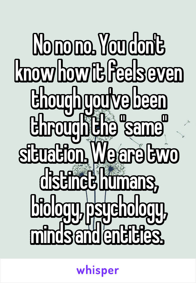 No no no. You don't know how it feels even though you've been through the "same" situation. We are two distinct humans, biology, psychology, minds and entities. 