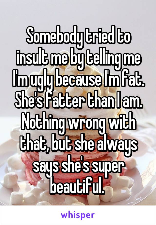 Somebody tried to insult me by telling me I'm ugly because I'm fat. She's fatter than I am. Nothing wrong with that, but she always says she's super beautiful. 