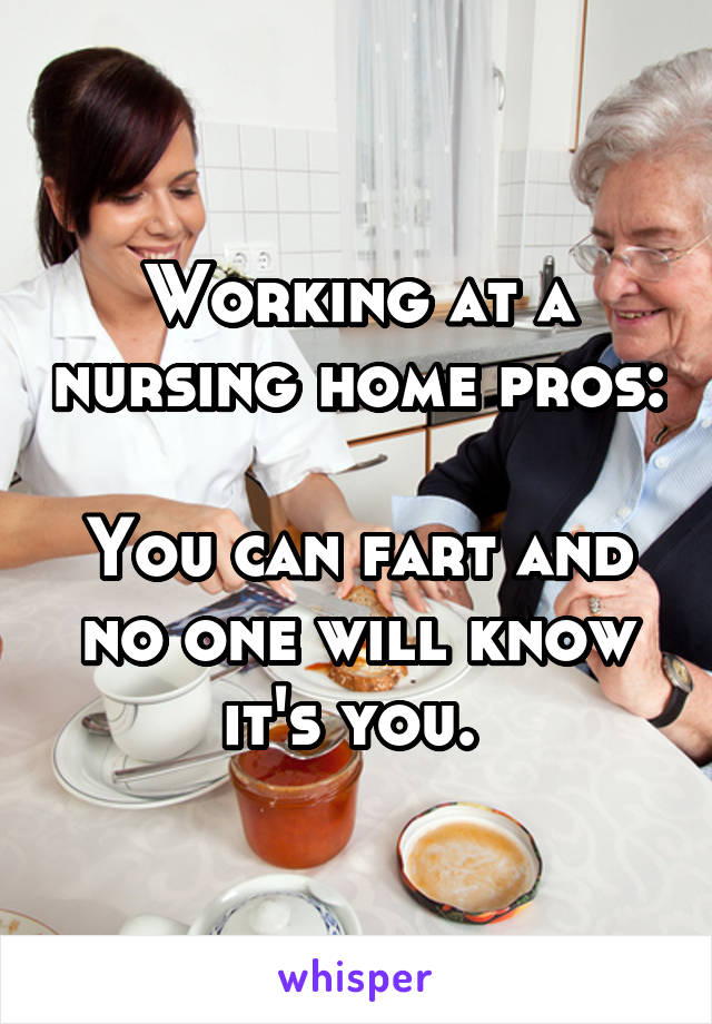 Working at a nursing home pros: 
You can fart and no one will know it's you. 