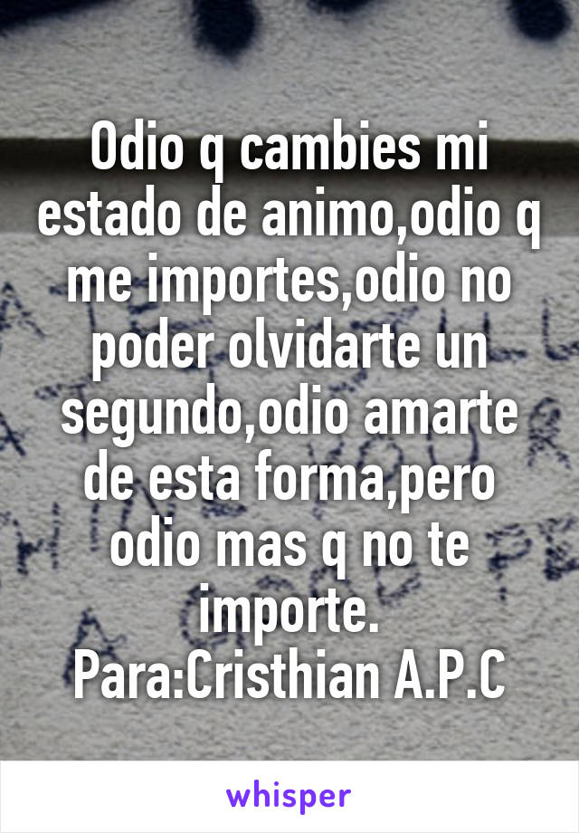 Odio q cambies mi estado de animo,odio q me importes,odio no poder olvidarte un segundo,odio amarte de esta forma,pero odio mas q no te importe.
Para:Cristhian A.P.C