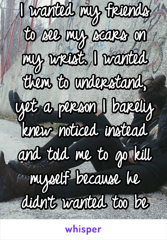 I wanted my friends to see my scars on my wrist. I wanted them to understand, yet a person I barely knew noticed instead and told me to go kill myself because he didn't wanted too be near a "emo"