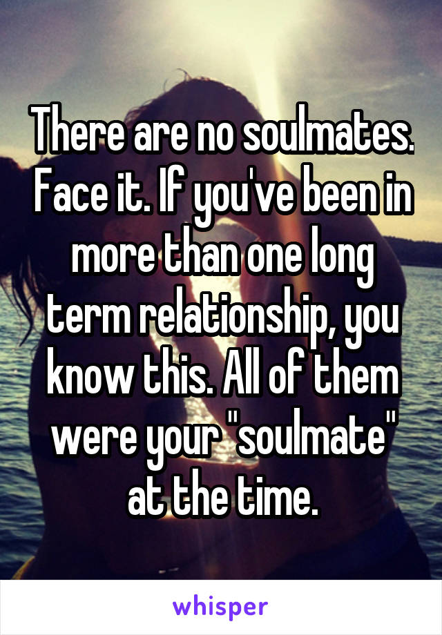 There are no soulmates. Face it. If you've been in more than one long term relationship, you know this. All of them were your "soulmate" at the time.