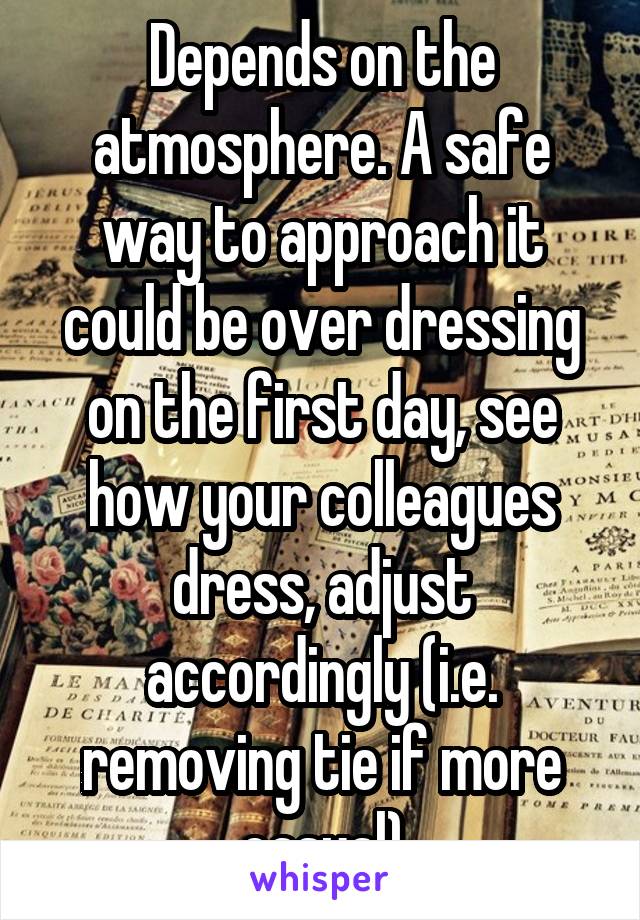 Depends on the atmosphere. A safe way to approach it could be over dressing on the first day, see how your colleagues dress, adjust accordingly (i.e. removing tie if more casual)