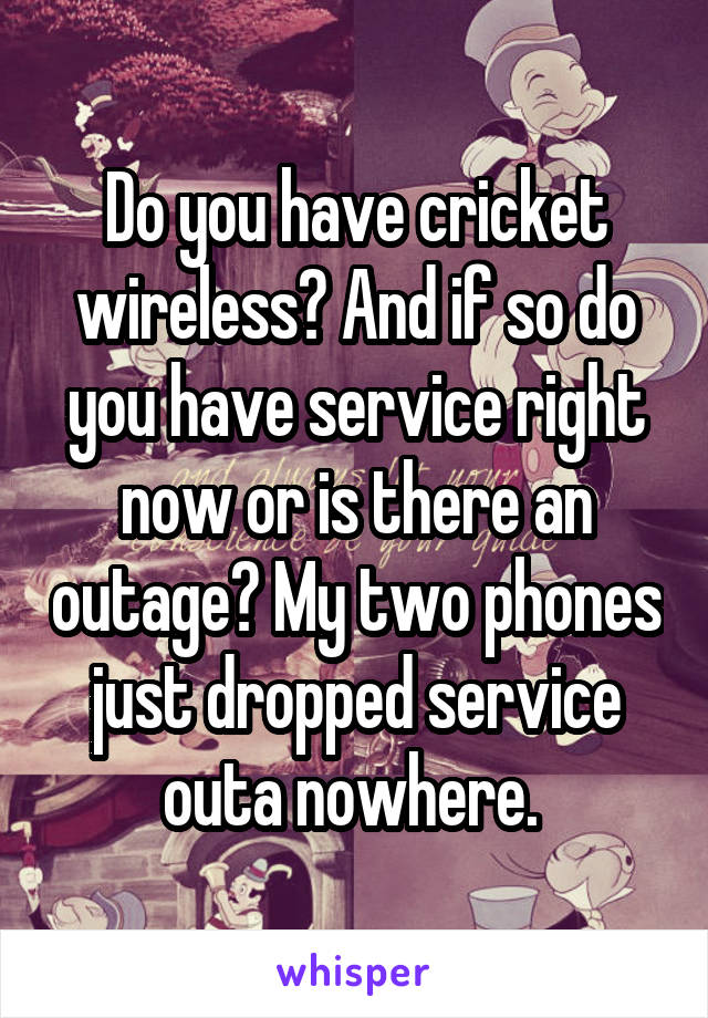 Do you have cricket wireless? And if so do you have service right now or is there an outage? My two phones just dropped service outa nowhere. 