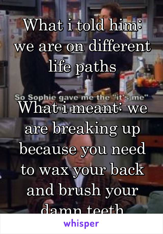 What i told him: we are on different life paths

What i meant: we are breaking up because you need to wax your back and brush your damn teeth