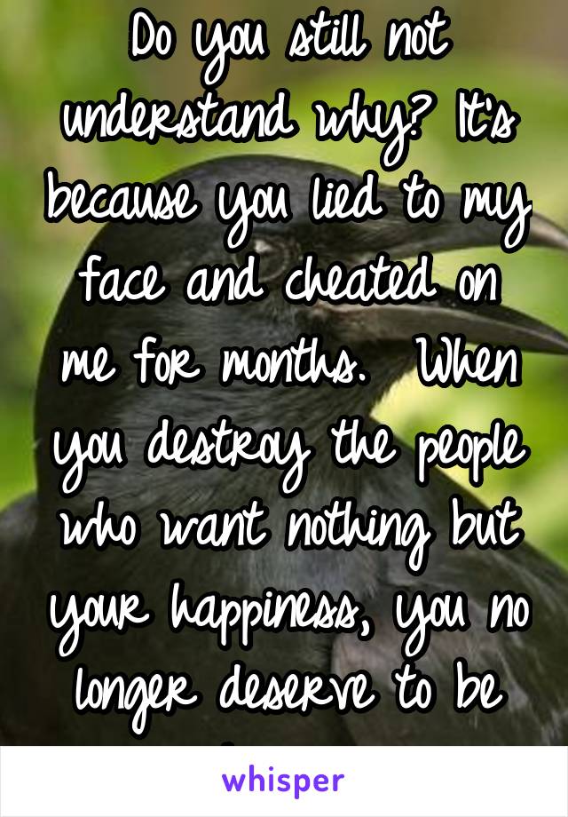 Do you still not understand why? It's because you lied to my face and cheated on me for months.  When you destroy the people who want nothing but your happiness, you no longer deserve to be happy.