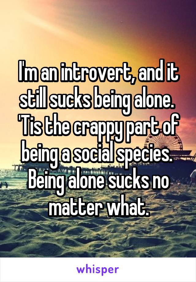 I'm an introvert, and it still sucks being alone.  'Tis the crappy part of being a social species.  Being alone sucks no matter what.