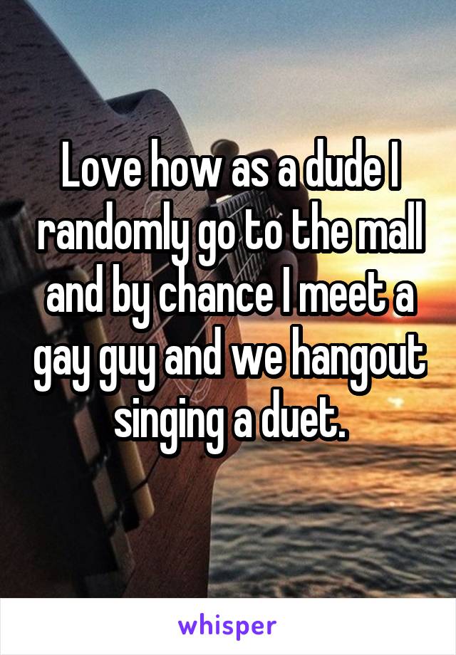 Love how as a dude I randomly go to the mall and by chance I meet a gay guy and we hangout singing a duet.
