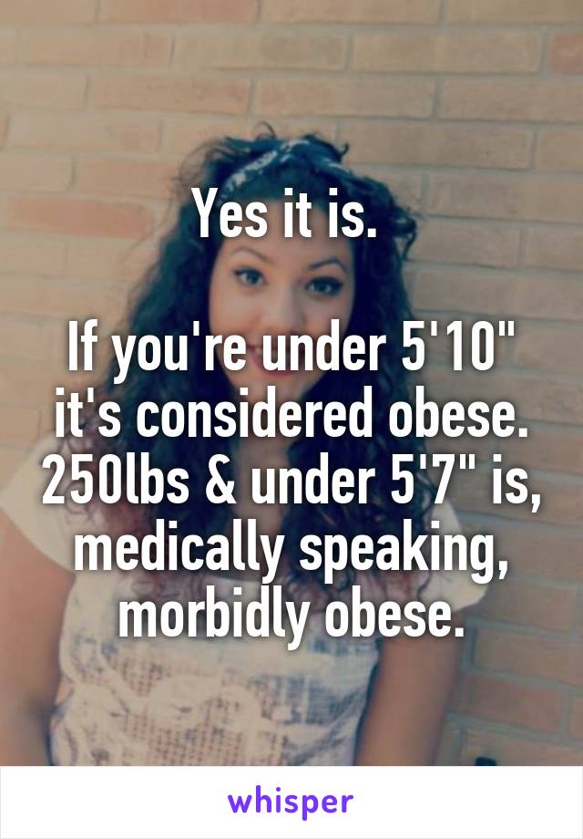 Yes it is. 

If you're under 5'10" it's considered obese. 250lbs & under 5'7" is, medically speaking, morbidly obese.