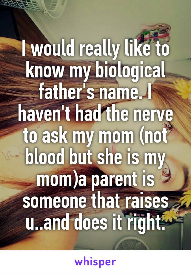 I would really like to know my biological father's name. I haven't had the nerve to ask my mom (not blood but she is my mom)a parent is someone that raises u..and does it right.