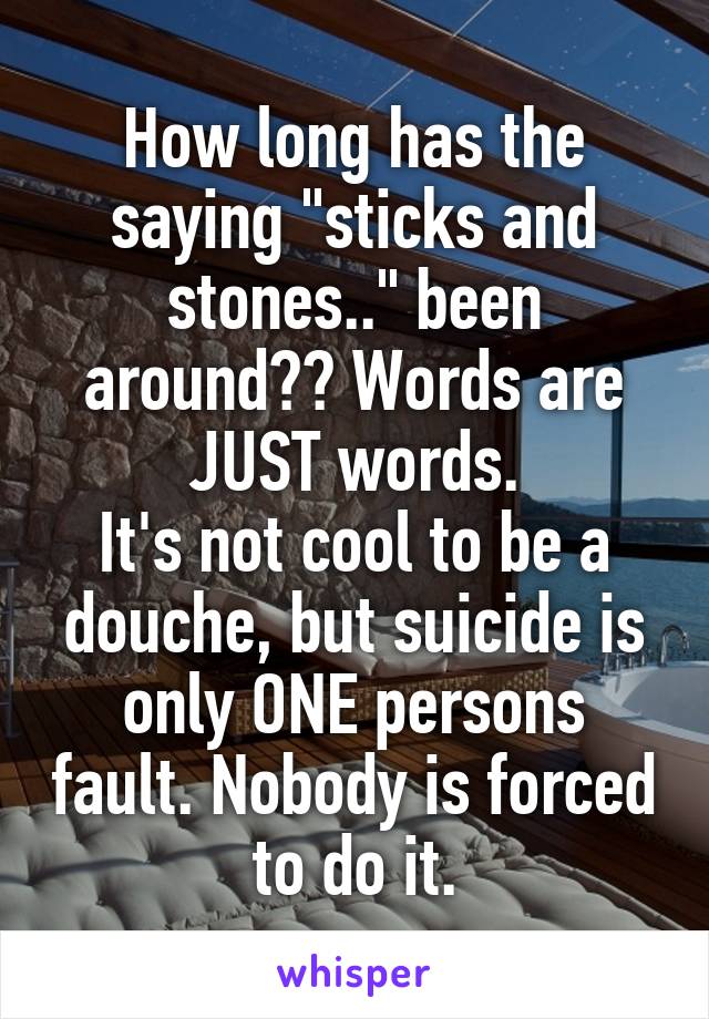 How long has the saying "sticks and stones.." been around?? Words are JUST words.
It's not cool to be a douche, but suicide is only ONE persons fault. Nobody is forced to do it.