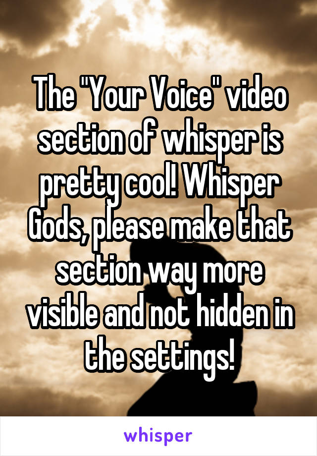 The "Your Voice" video section of whisper is pretty cool! Whisper Gods, please make that section way more visible and not hidden in the settings!