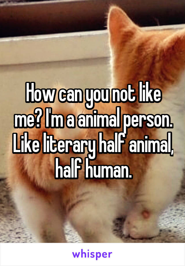 How can you not like me? I'm a animal person. Like literary half animal, half human.