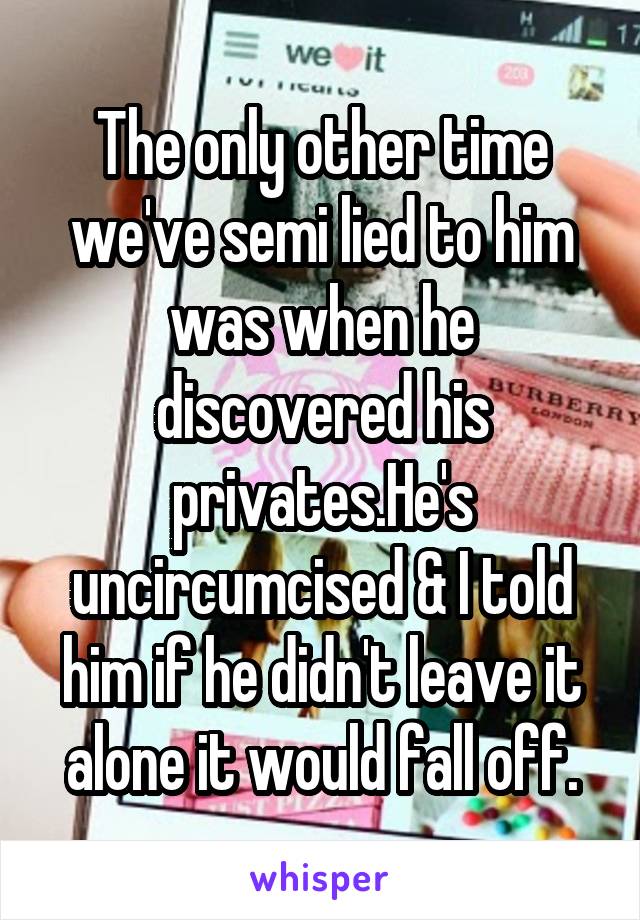  The only other time  we've semi lied to him was when he discovered his privates.He's uncircumcised & I told him if he didn't leave it alone it would fall off.