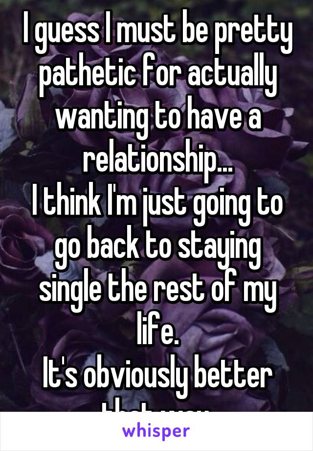 I guess I must be pretty pathetic for actually wanting to have a relationship...
I think I'm just going to go back to staying single the rest of my life.
It's obviously better that way.